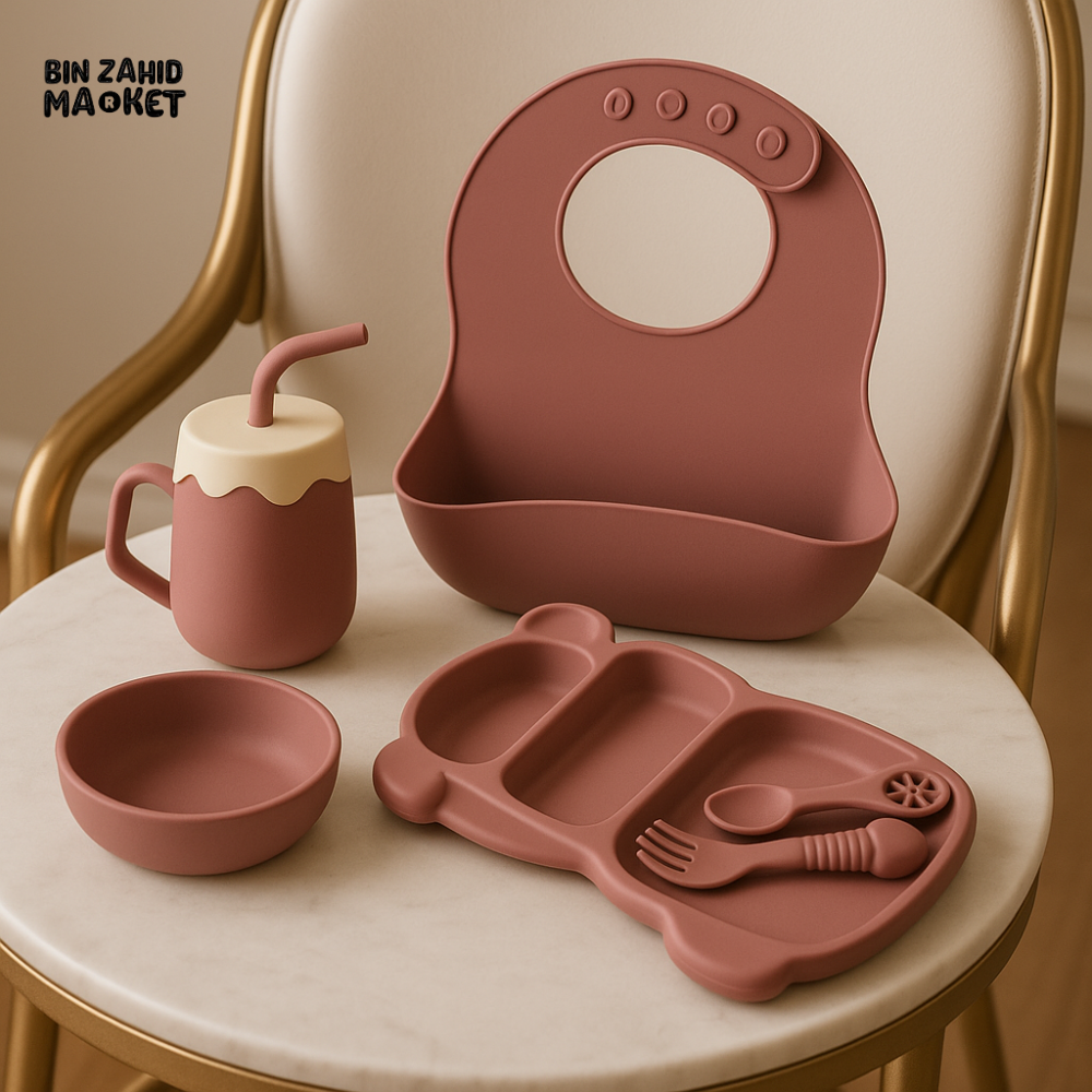 KIDS SILICONE MEAL 6 PIECES SET – BIB STRAW CUP COMPARTMENT TRAY BOWL CUTLERY