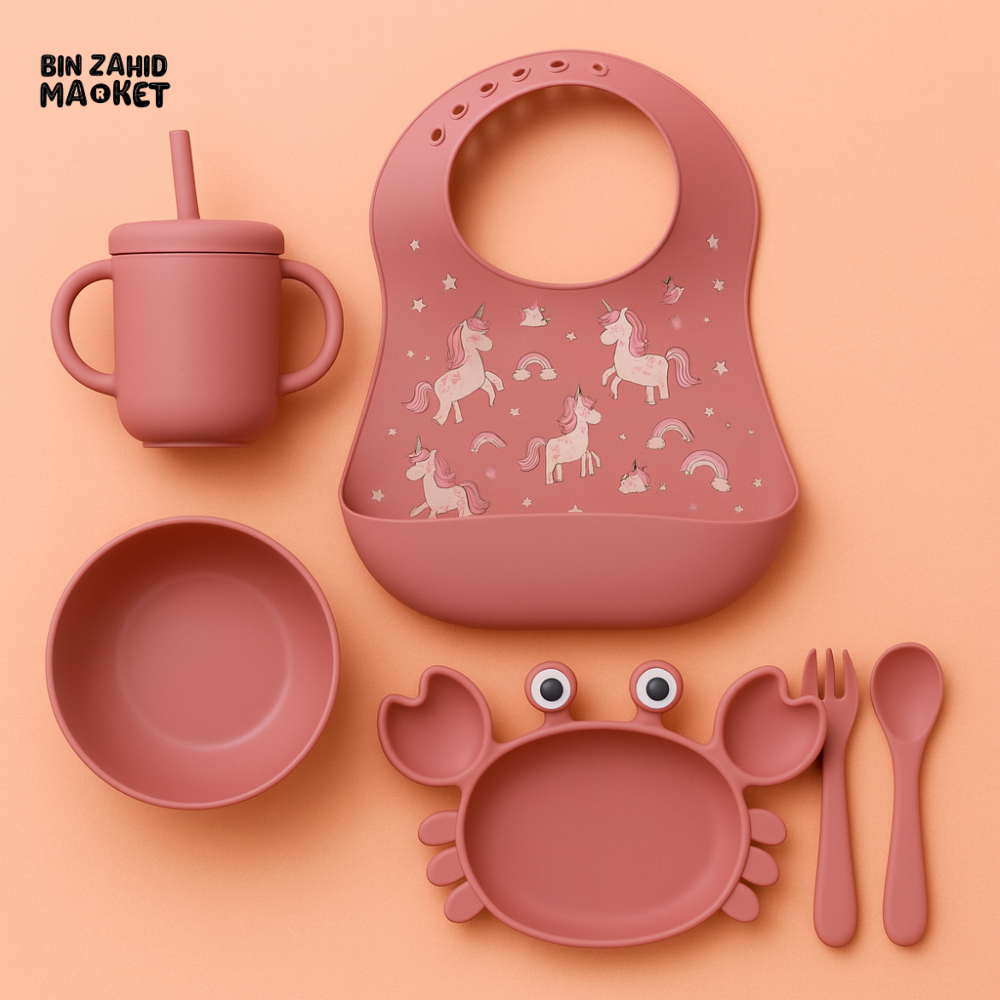 KIDS SILICONE MEAL SET – 6-PIECE BIB STRAW CUP CRAB TRAY BOWL SPOON FORK