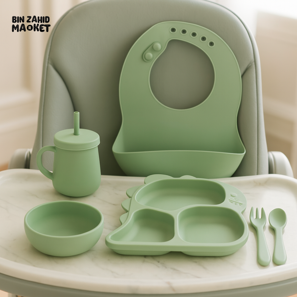 KIDS SILICONE MEAL SET 6 PIECES – BIB STRAW CUP COMPARTMENT DINO TRAY BOWL CUTLERY