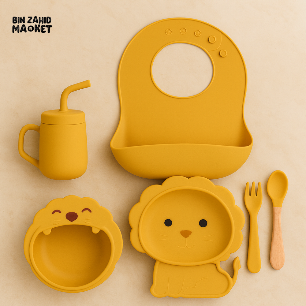 KIDS SILICONE MEAL SET 6 PIECES – LION BOWL & PLATE BIB STRAW CUP SPOON FORK