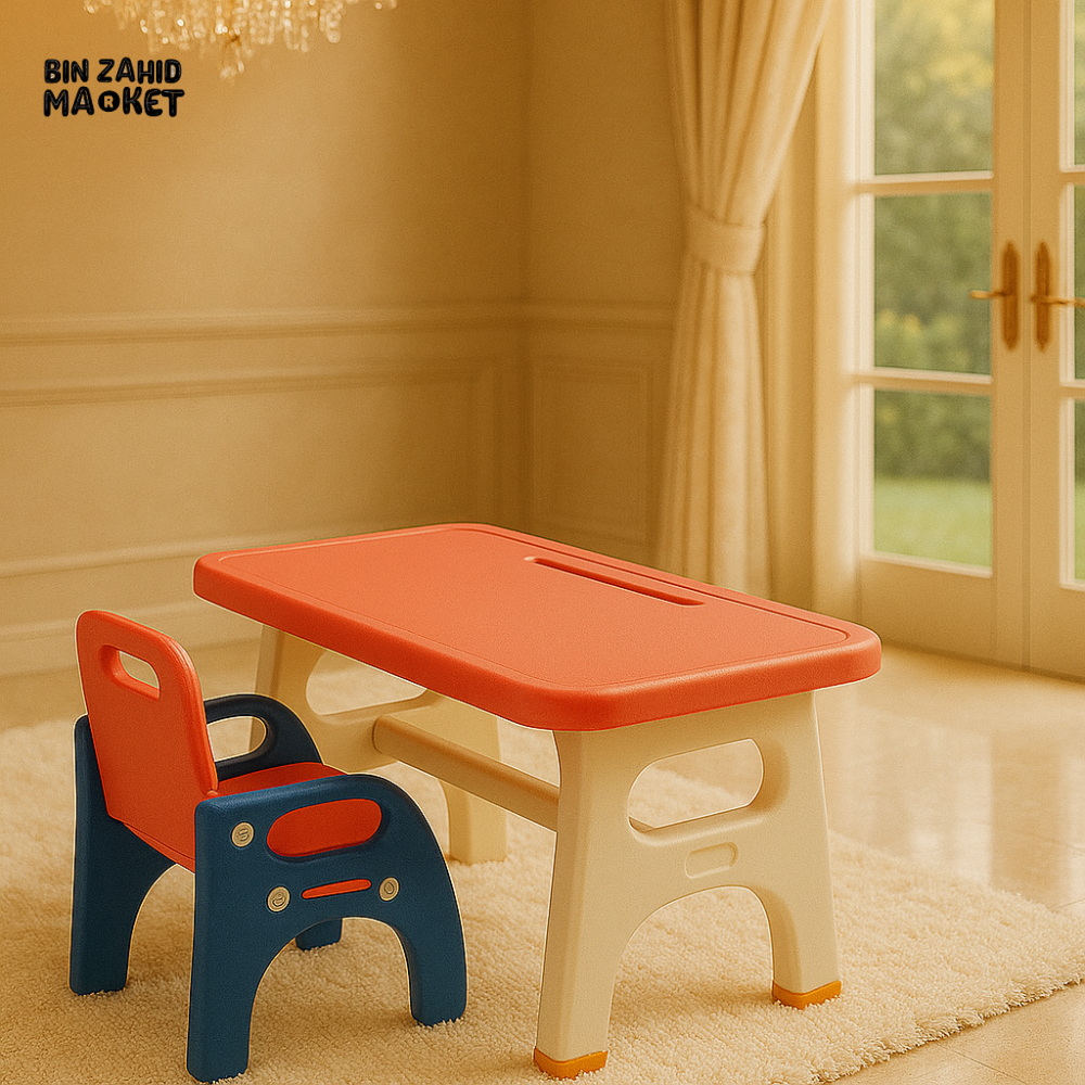 KIDS TABLE AND CHAIR SET – CORAL & NAVY PLASTIC