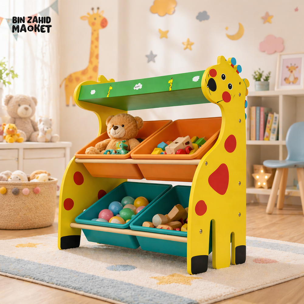 KIDS WOODEN STORAGE RACK WITH 4 BASKETS GIRAFFE DESIGN