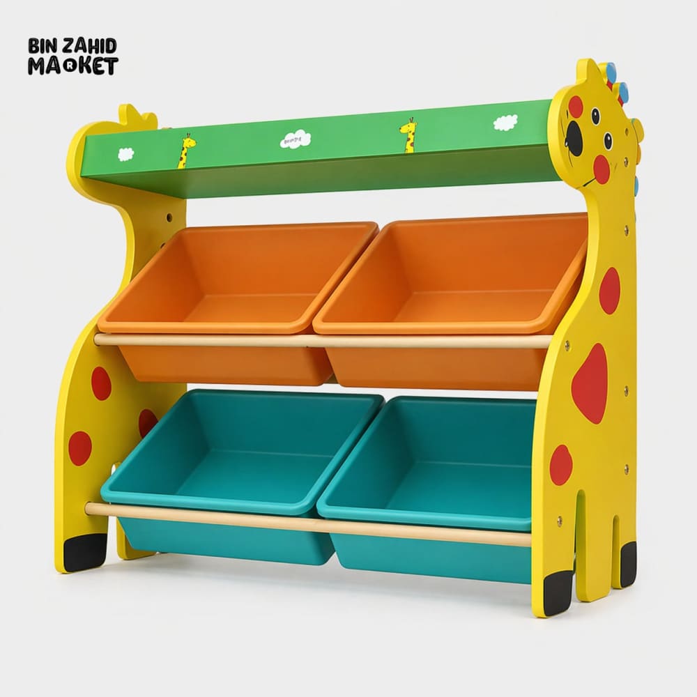 KIDS WOODEN STORAGE RACK WITH 4 BASKETS GIRAFFE DESIGN