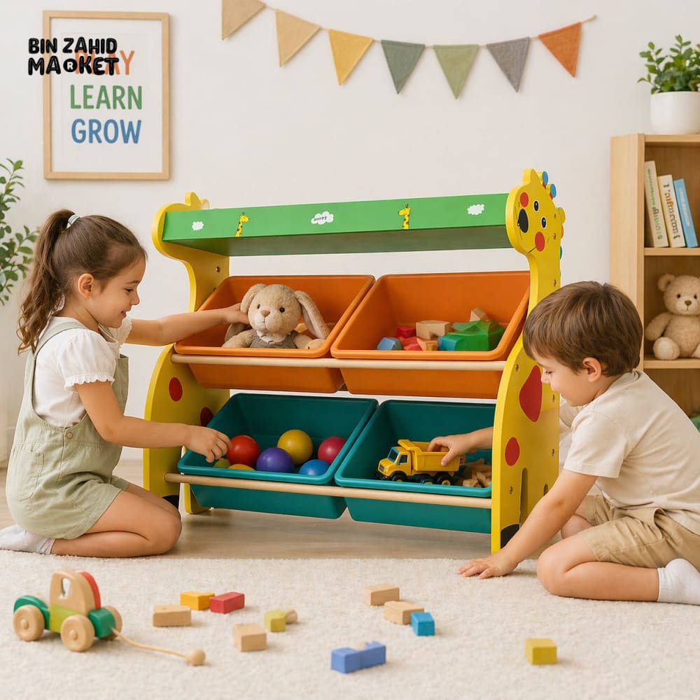 KIDS WOODEN STORAGE RACK WITH 4 BASKETS GIRAFFE DESIGN