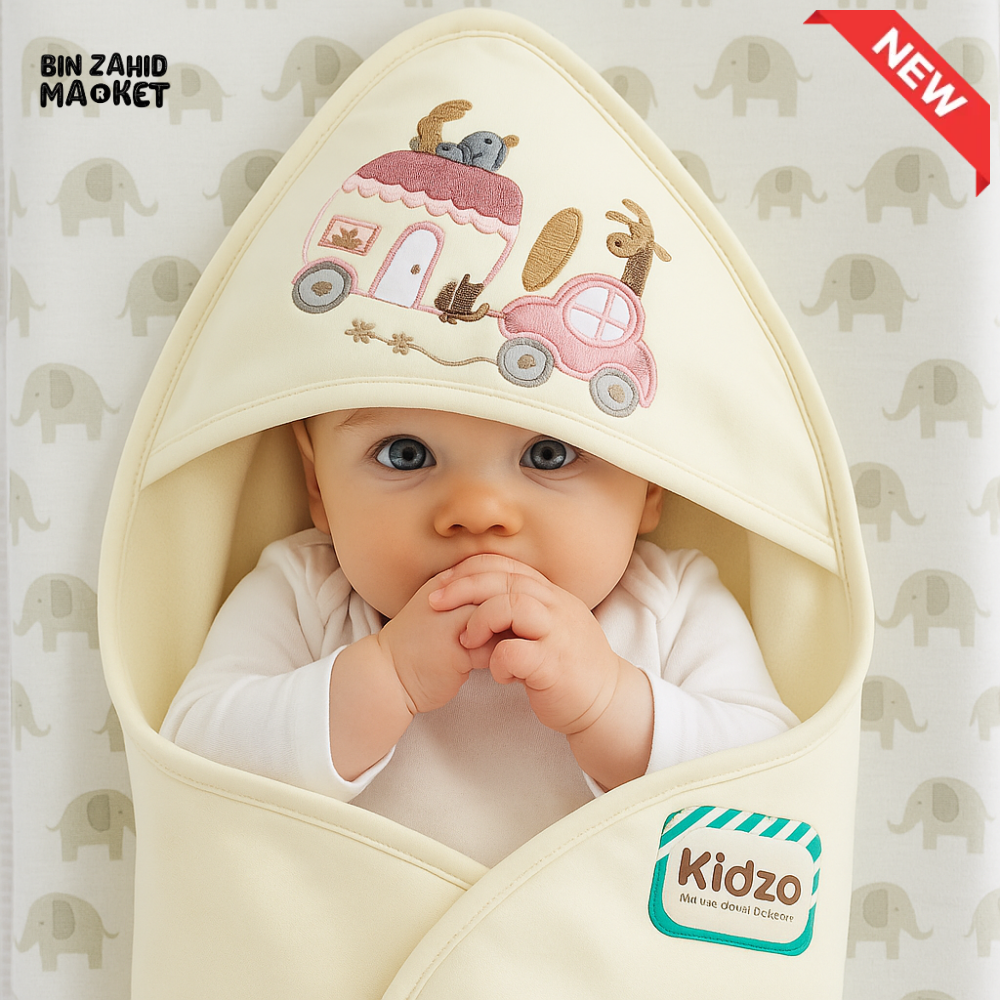 KIDZO 100% COTTON BABY HOODED WRAPPING SHEET – CREAM EMBROIDERED CAR & ANIMAL DESIGN NEWBORN WRAP