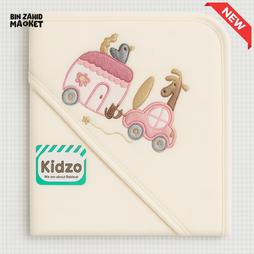 KIDZO 100% COTTON BABY HOODED WRAPPING SHEET – CREAM EMBROIDERED CAR & ANIMAL DESIGN NEWBORN WRAP