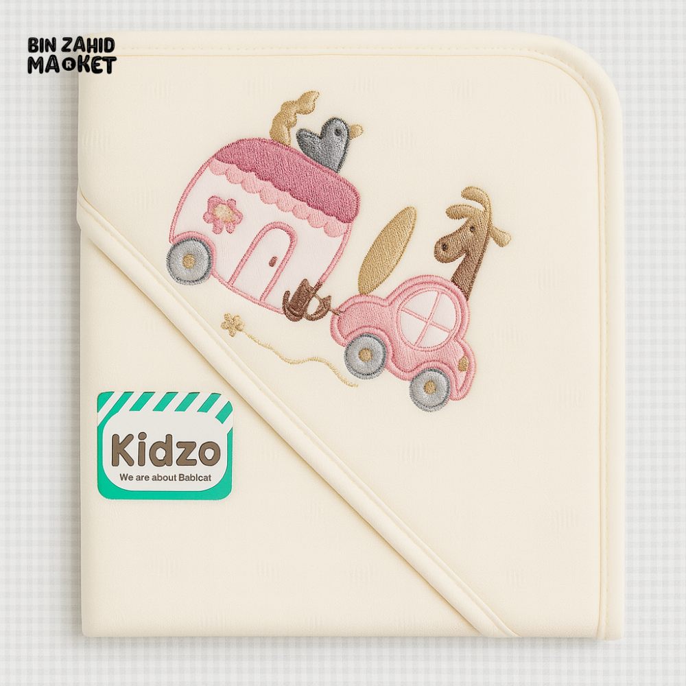 KIDZO 100% COTTON BABY HOODED WRAPPING SHEET – CREAM EMBROIDERED CAR & ANIMAL DESIGN NEWBORN WRAP