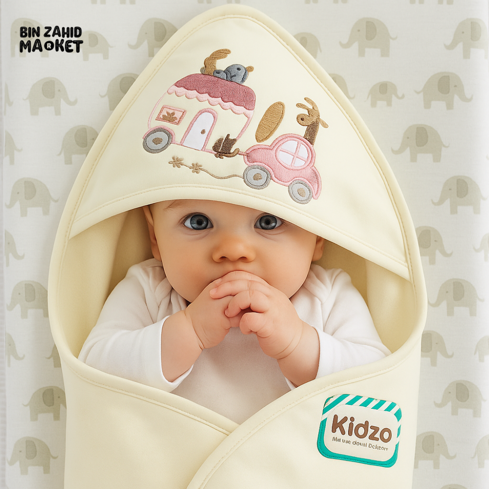 KIDZO 100% COTTON BABY HOODED WRAPPING SHEET – CREAM EMBROIDERED CAR & ANIMAL DESIGN NEWBORN WRAP