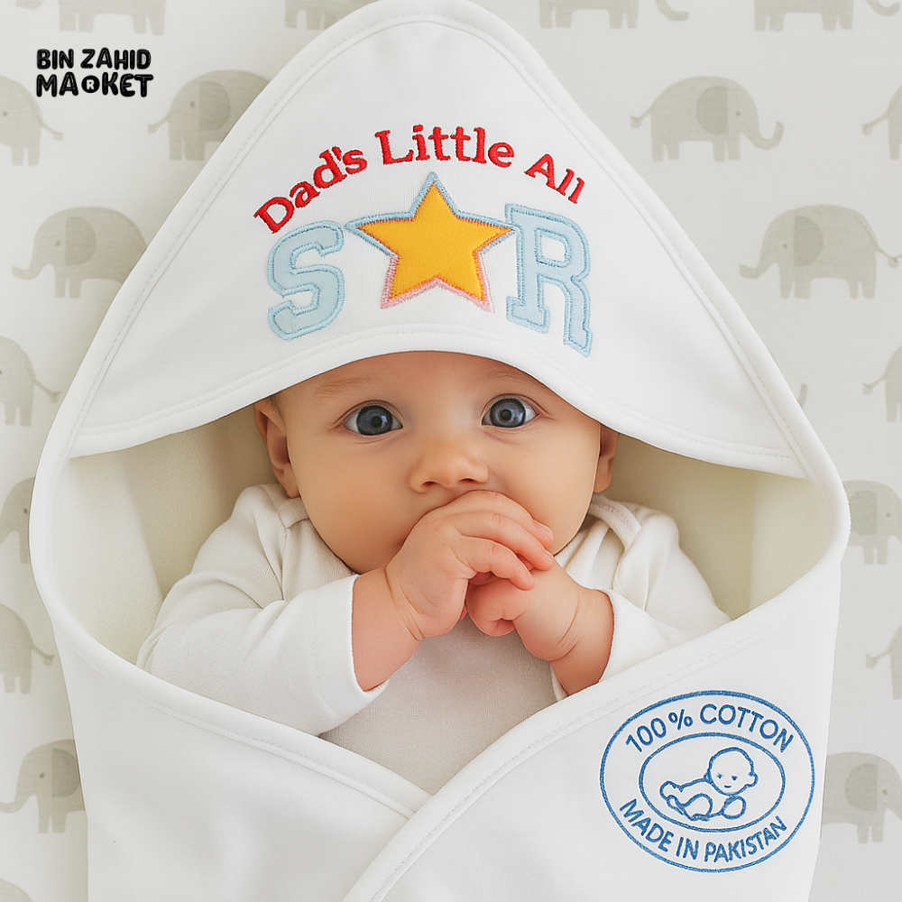 KIDZO 100% COTTON BABY HOODED WRAPPING SHEET – DAD’S LITTLE ALL STAR EMBROIDERED NEWBORN WRAP