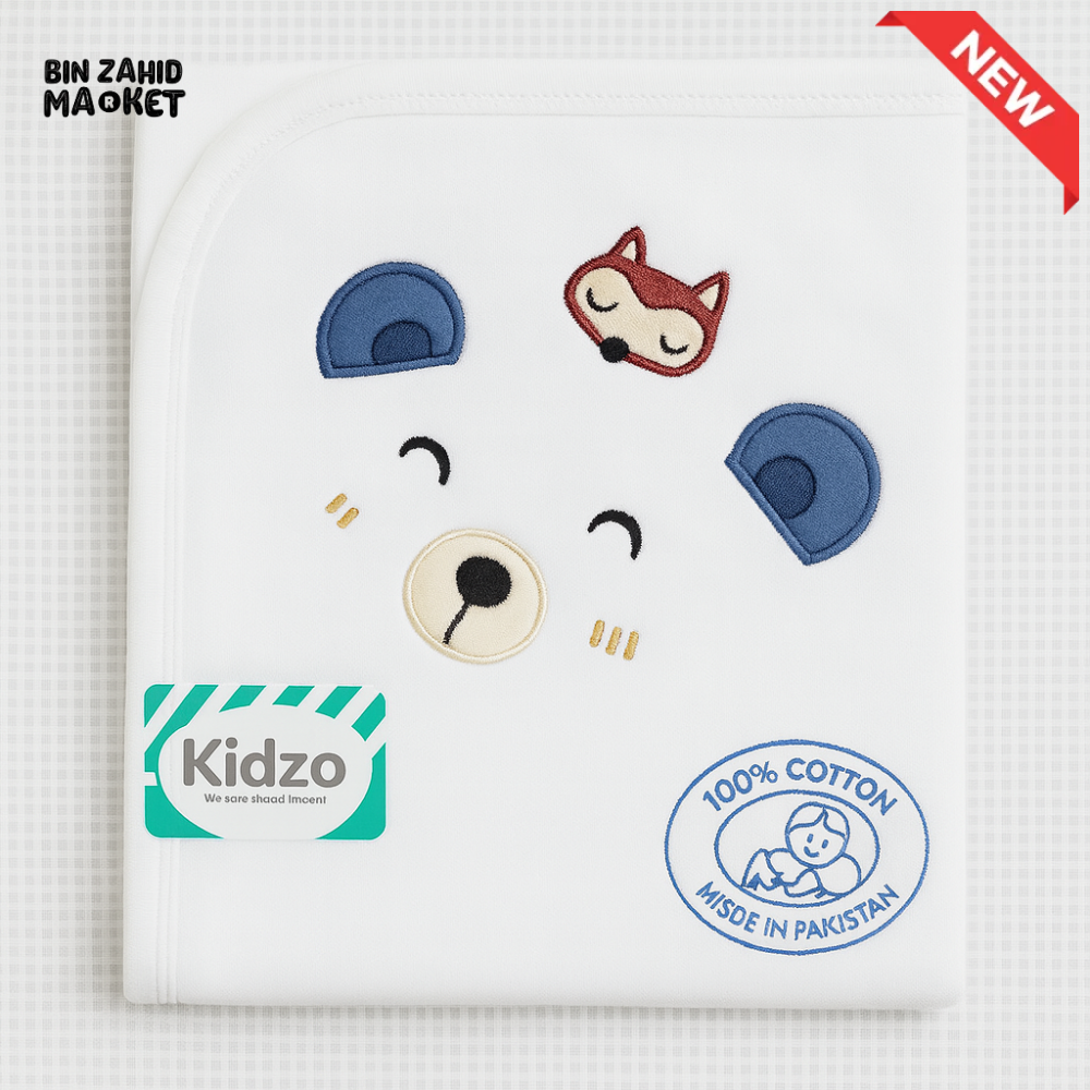 KIDZO 100% COTTON BABY HOODED WRAPPING SHEET – EMBROIDERED BEAR & FOX DESIGN SOFT NEWBORN WRAP