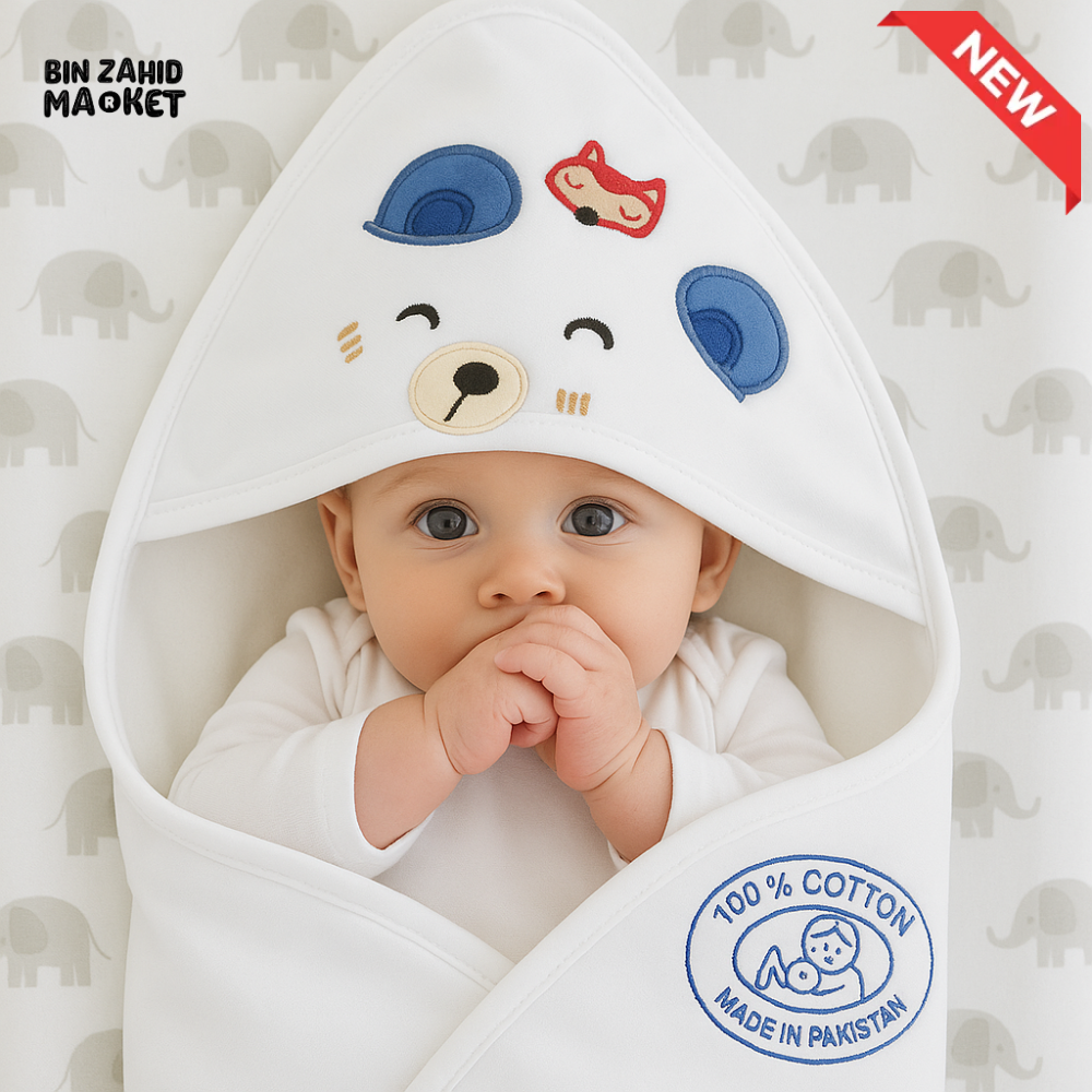 KIDZO 100% COTTON BABY HOODED WRAPPING SHEET – EMBROIDERED BEAR & FOX DESIGN SOFT NEWBORN WRAP