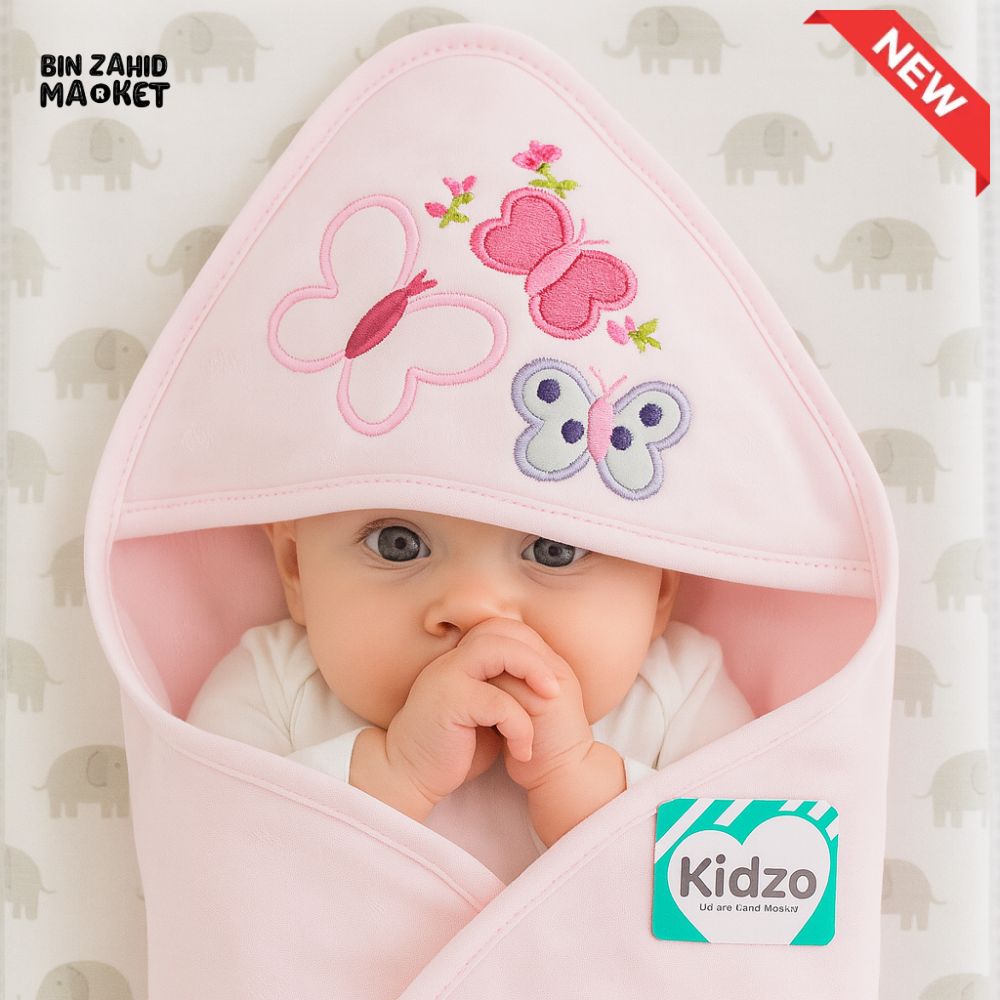 KIDZO 100% COTTON BABY HOODED WRAPPING SHEET – PINK BUTTERFLY EMBROIDERED NEWBORN WRAP SOFT & ABSORBENT