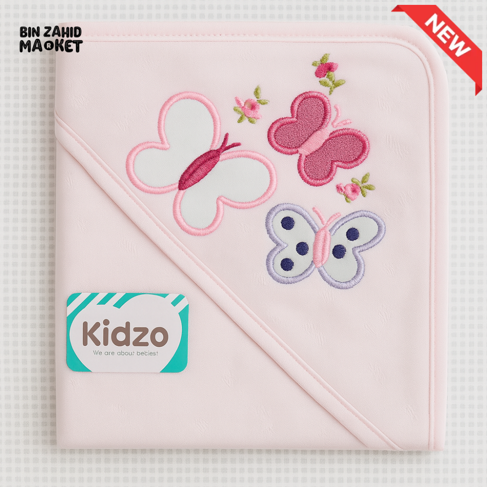 KIDZO 100% COTTON BABY HOODED WRAPPING SHEET – PINK BUTTERFLY EMBROIDERED NEWBORN WRAP SOFT & ABSORBENT
