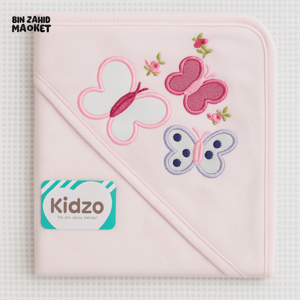 KIDZO 100% COTTON BABY HOODED WRAPPING SHEET – PINK BUTTERFLY EMBROIDERED NEWBORN WRAP SOFT & ABSORBENT