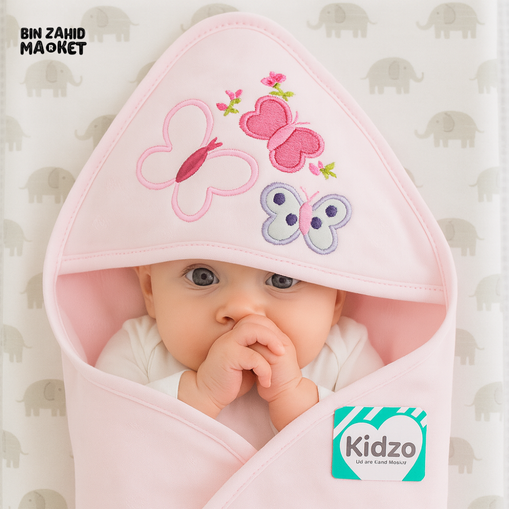 KIDZO 100% COTTON BABY HOODED WRAPPING SHEET – PINK BUTTERFLY EMBROIDERED NEWBORN WRAP SOFT & ABSORBENT