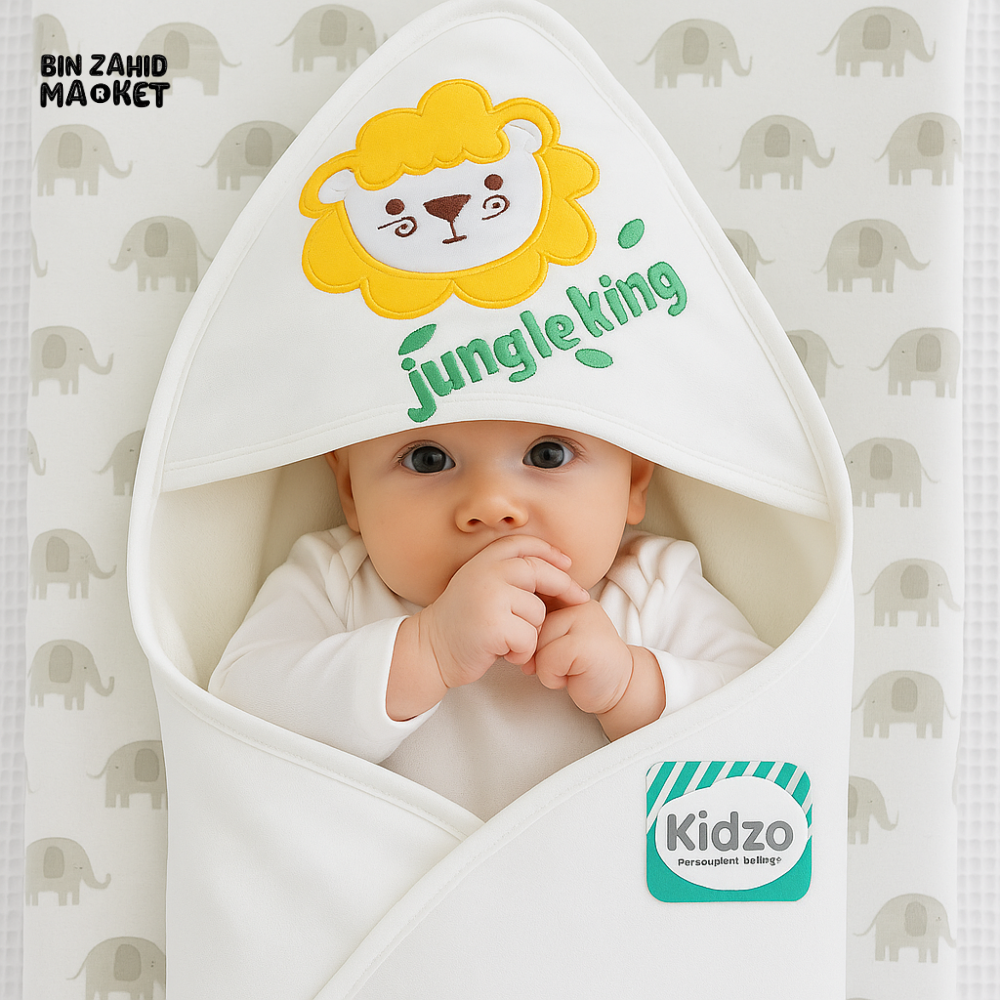 KIDZO 100% COTTON BABY WRAPPING SHEET – WHITE WITH JUNGLE KING LION EMBROIDERY SOFT & COMFORTABLE NEWBORN WRAP