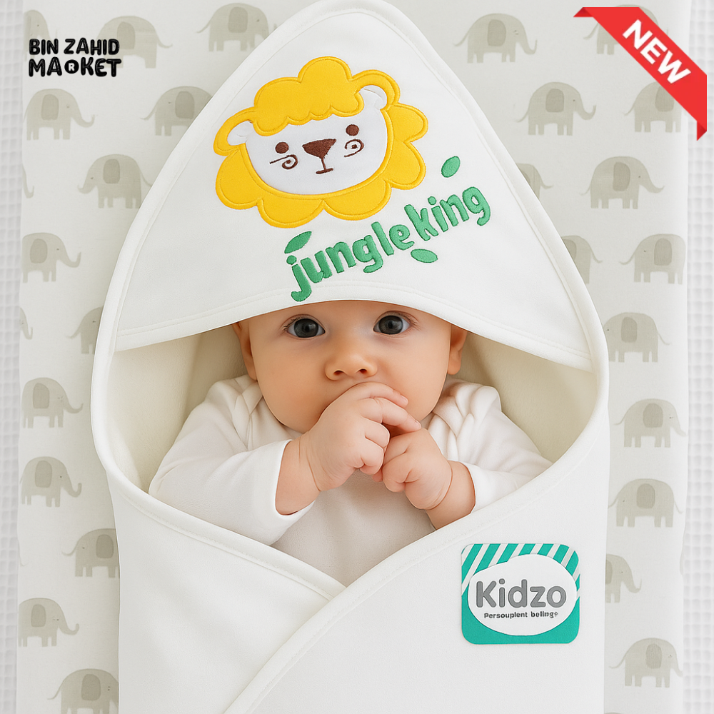 KIDZO 100% COTTON BABY WRAPPING SHEET – WHITE WITH JUNGLE KING LION EMBROIDERY SOFT & COMFORTABLE NEWBORN WRAP