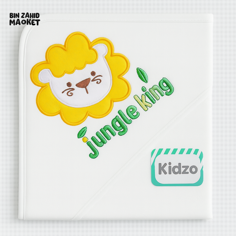 KIDZO 100% COTTON BABY WRAPPING SHEET – WHITE WITH JUNGLE KING LION EMBROIDERY SOFT & COMFORTABLE NEWBORN WRAP
