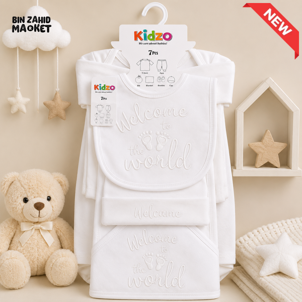 KIDZO 7 PCS NEWBORN BABY GIFT SET – WELCOME TO THE WORLD DESIGN (WHITE)