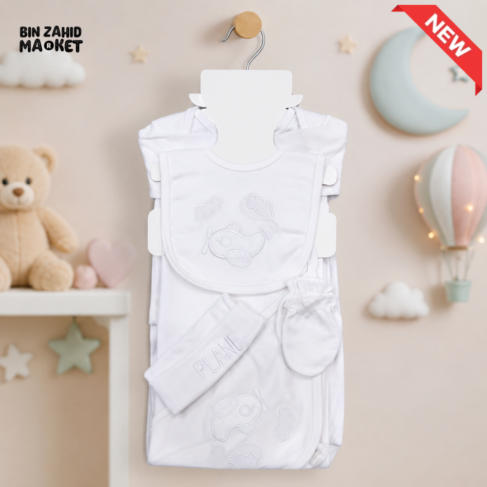 KIDZO 8 PCS NEWBORN BABY GIFT SET – AIRPLANE EMBROIDERED DESIGN (WHITE)
