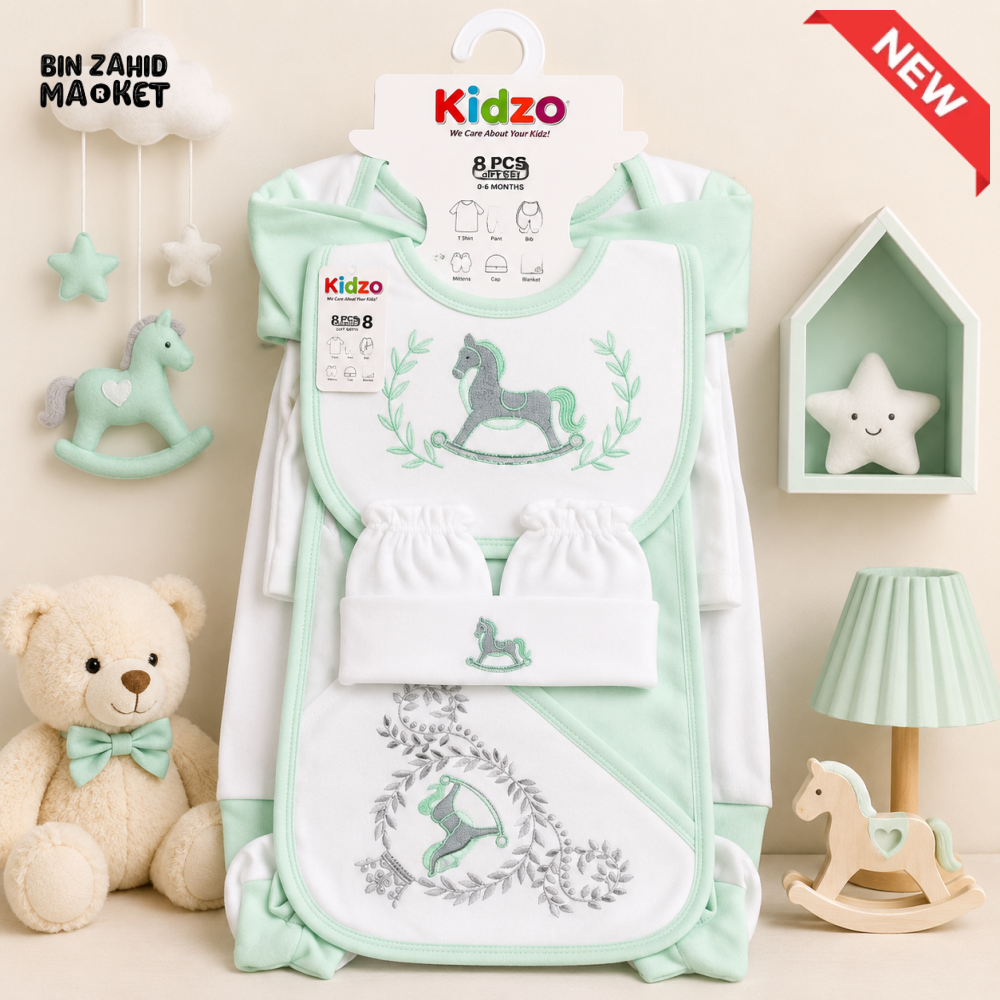 KIDZO 8 PCS NEWBORN BABY GIFT SET – ROCKING HORSE EMBROIDERED DESIGN (MINT GREEN & WHITE)