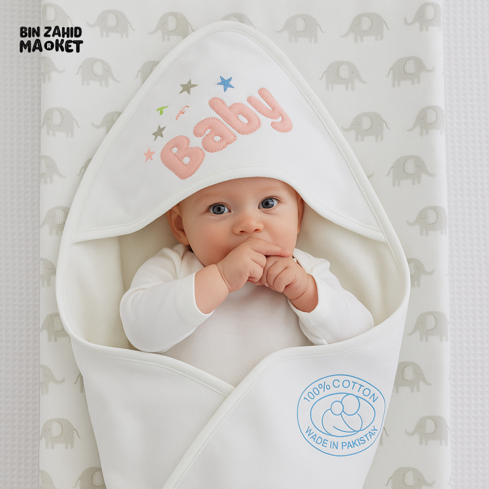 KIDZO BABY HOODED WRAPPING SHEET 100% COTTON – SOFT NEWBORN WRAP WITH EMBROIDERED DESIGN