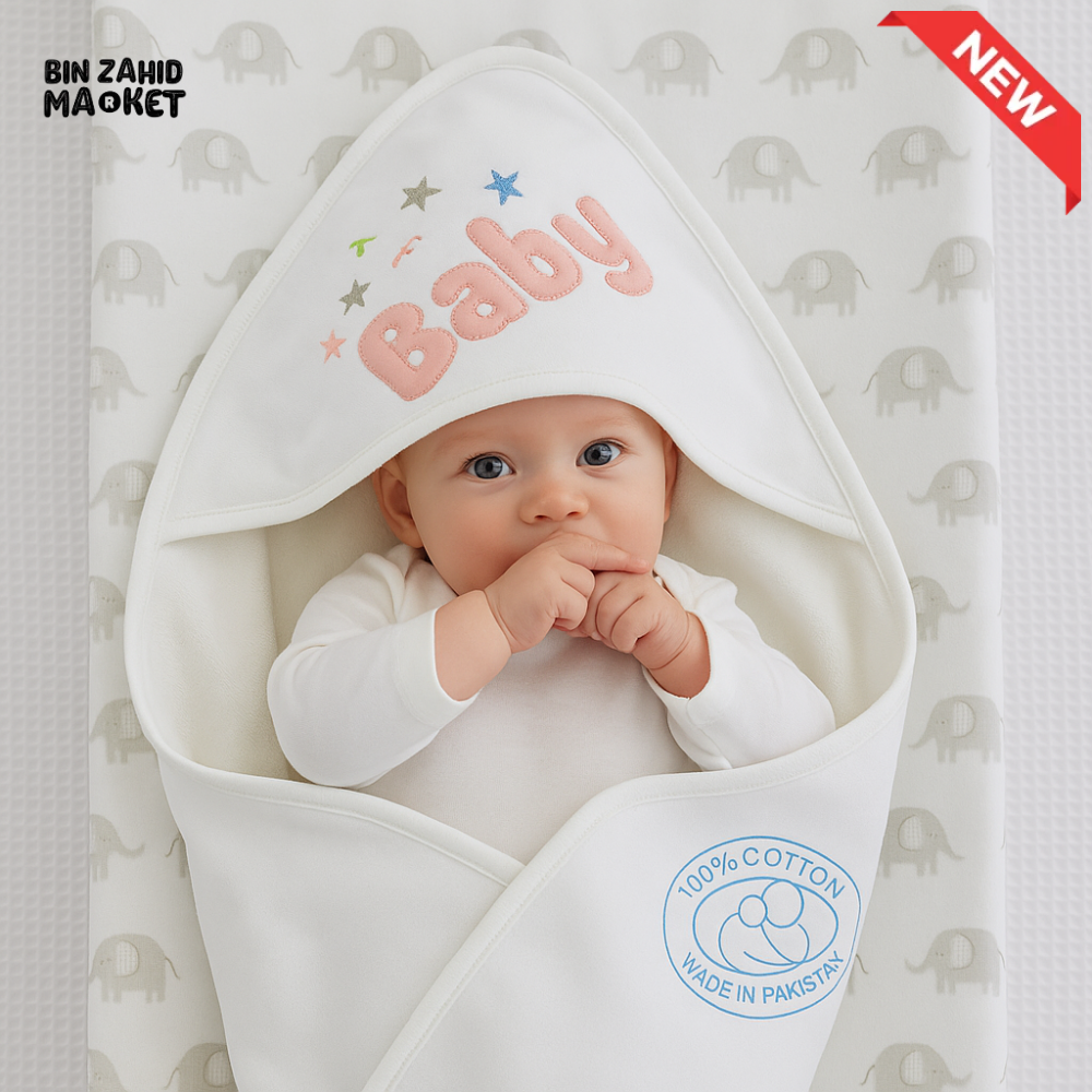 KIDZO BABY HOODED WRAPPING SHEET 100% COTTON – SOFT NEWBORN WRAP WITH EMBROIDERED DESIGN