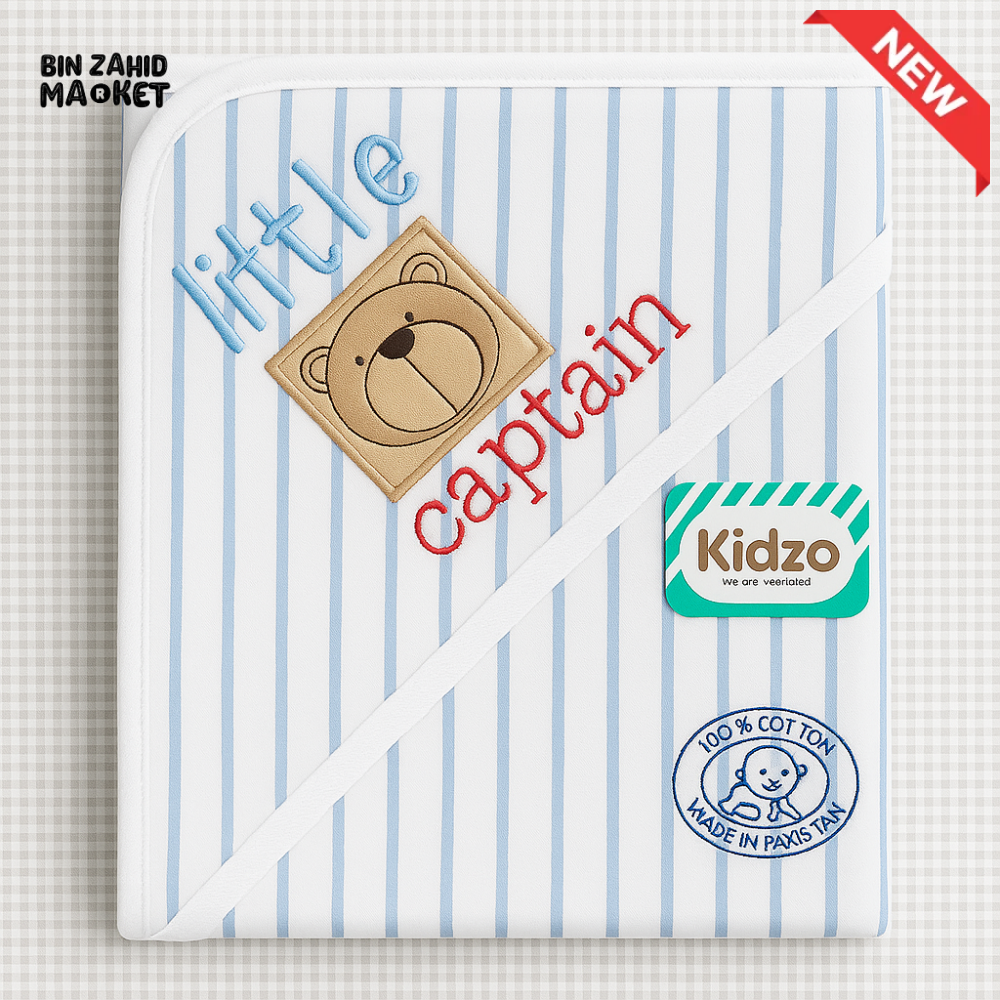 KIDZO LITTLE CAPTAIN HOODED WRAPPING SHEET – 100% COTTON BABY SWADDLE WITH BEAR PATCH & STRIPED DESIGN