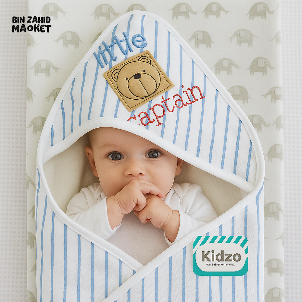 KIDZO LITTLE CAPTAIN HOODED WRAPPING SHEET – 100% COTTON BABY SWADDLE WITH BEAR PATCH & STRIPED DESIGN