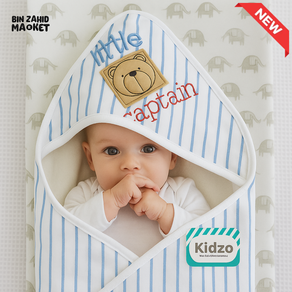 KIDZO LITTLE CAPTAIN HOODED WRAPPING SHEET – 100% COTTON BABY SWADDLE WITH BEAR PATCH & STRIPED DESIGN