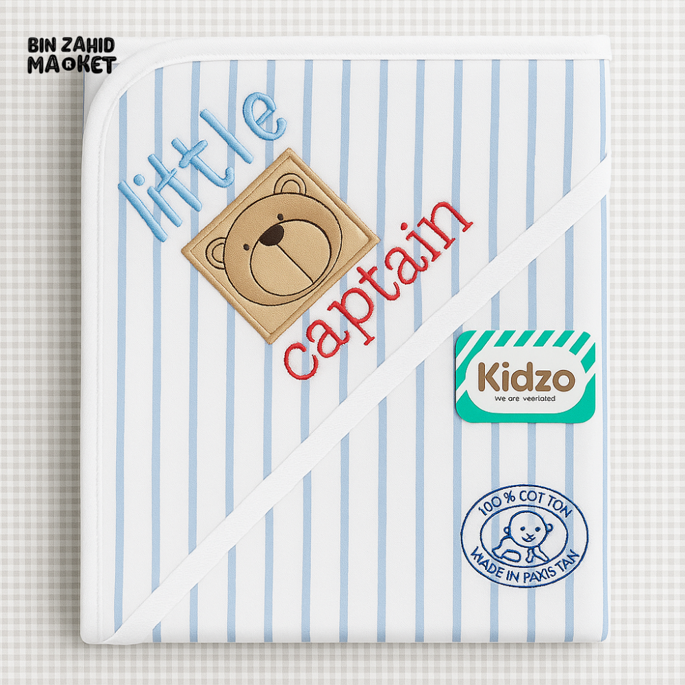KIDZO LITTLE CAPTAIN HOODED WRAPPING SHEET – 100% COTTON BABY SWADDLE WITH BEAR PATCH & STRIPED DESIGN