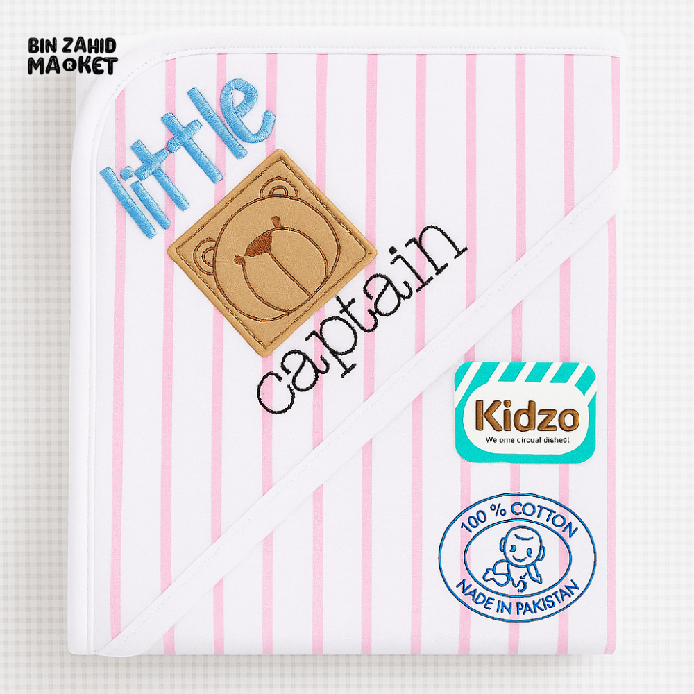 KIDZO LITTLE CAPTAIN HOODED WRAPPING SHEET – 100% COTTON BABY SWADDLE WITH BEAR PATCH & STRIPED DESIGN PINK