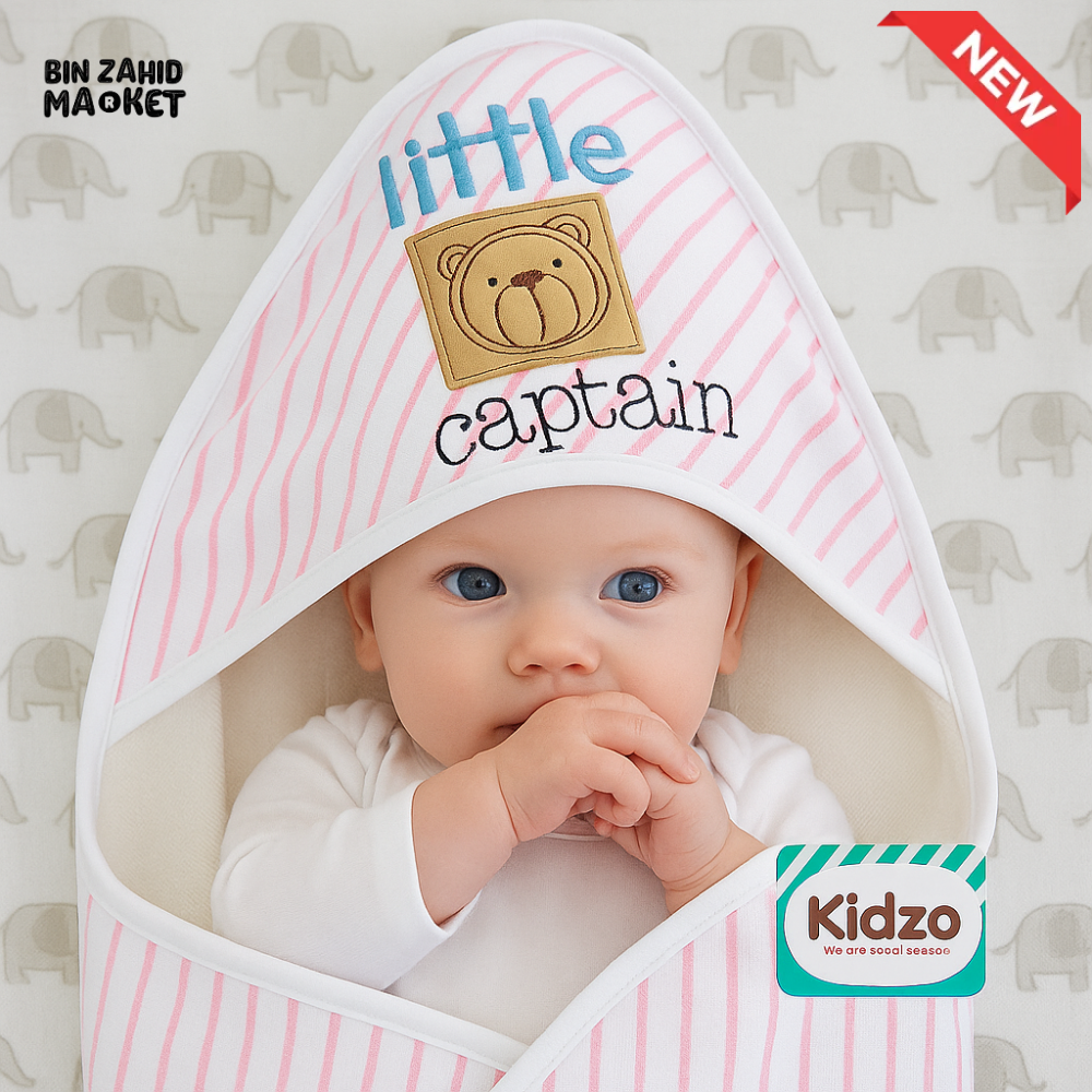 KIDZO LITTLE CAPTAIN HOODED WRAPPING SHEET – 100% COTTON BABY SWADDLE WITH BEAR PATCH & STRIPED DESIGN PINK