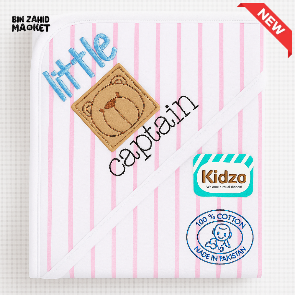 KIDZO LITTLE CAPTAIN HOODED WRAPPING SHEET – 100% COTTON BABY SWADDLE WITH BEAR PATCH & STRIPED DESIGN PINK