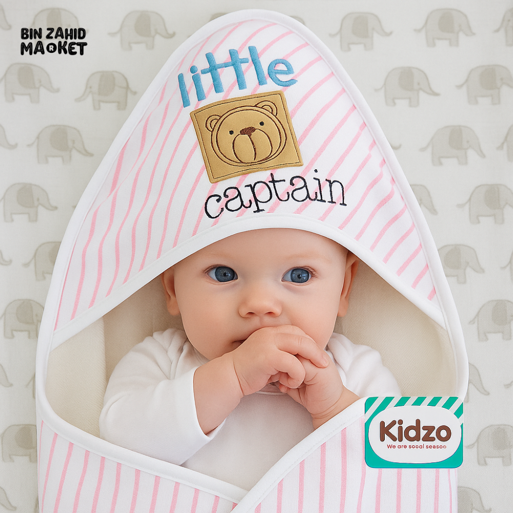 KIDZO LITTLE CAPTAIN HOODED WRAPPING SHEET – 100% COTTON BABY SWADDLE WITH BEAR PATCH & STRIPED DESIGN PINK