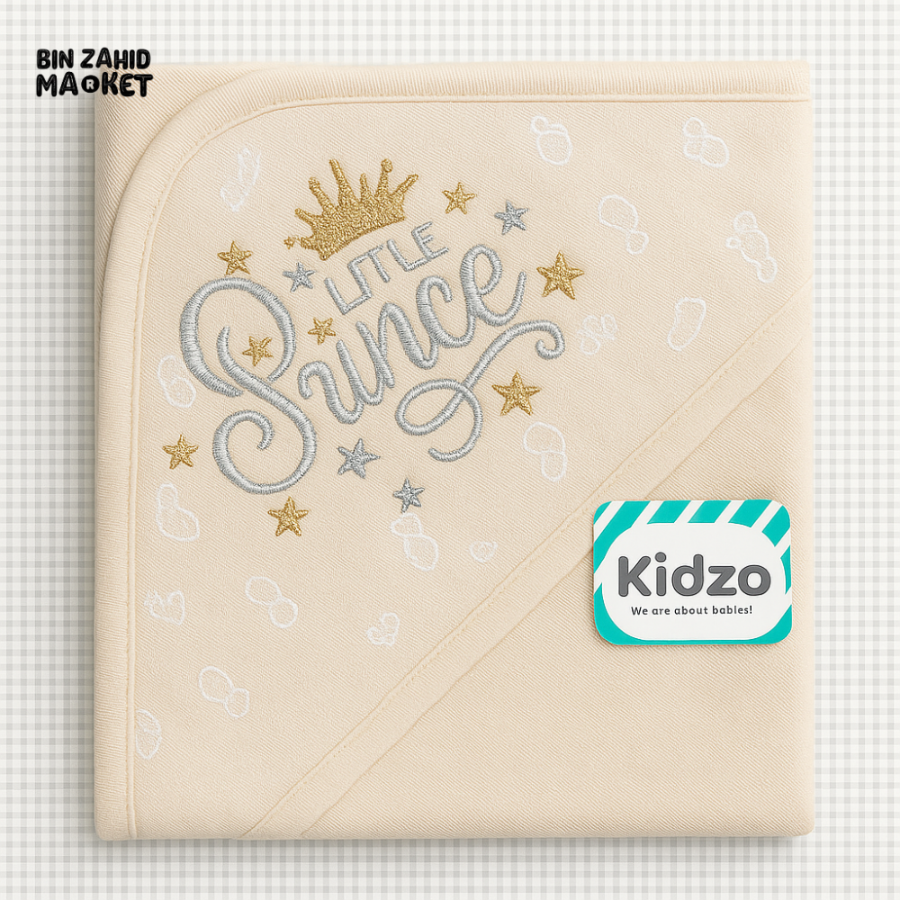 KIDZO LITTLE PRINCE HOODED WRAPPING SHEET – SOFT COTTON BABY SWADDLE WITH CROWN & STAR EMBROIDERY BEIGE COLOR