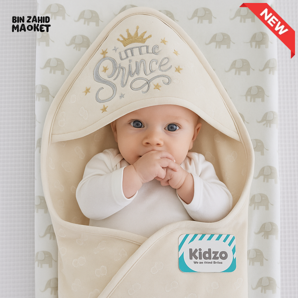 KIDZO LITTLE PRINCE HOODED WRAPPING SHEET – SOFT COTTON BABY SWADDLE WITH CROWN & STAR EMBROIDERY BEIGE COLOR