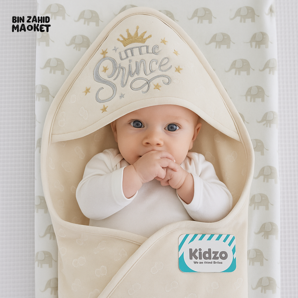 KIDZO LITTLE PRINCE HOODED WRAPPING SHEET – SOFT COTTON BABY SWADDLE WITH CROWN & STAR EMBROIDERY BEIGE COLOR