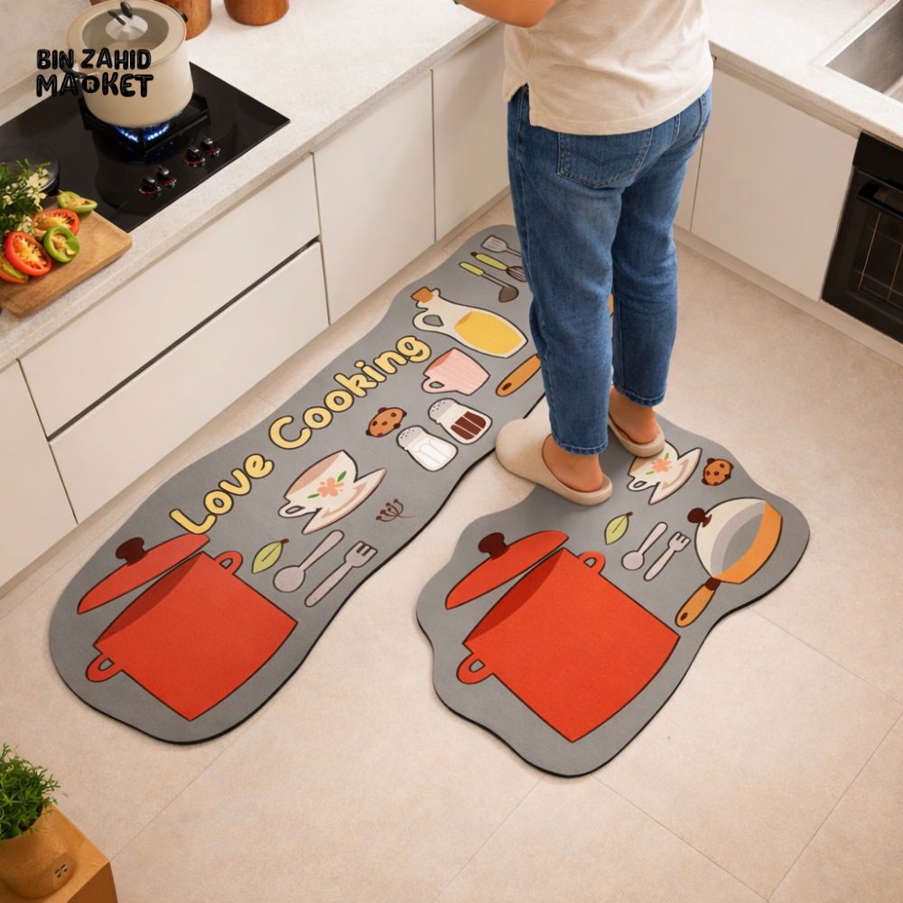 KITCHEN ANTI-SLIP FLOOR MAT SET 2 PIECE LOVE COOKING DESIGN WASHABLE NON SKID KITCHEN RUNNER MAT SOFT COMFORT STANDING