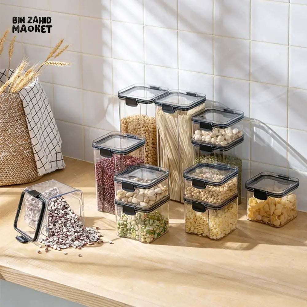 KITCHEN BUCKLE SEALED STORAGE JARS – TRANSPARENT FOOD GRADE PLASTIC CONTAINERS FOR SPICES MEDICINAL MATERIALS &