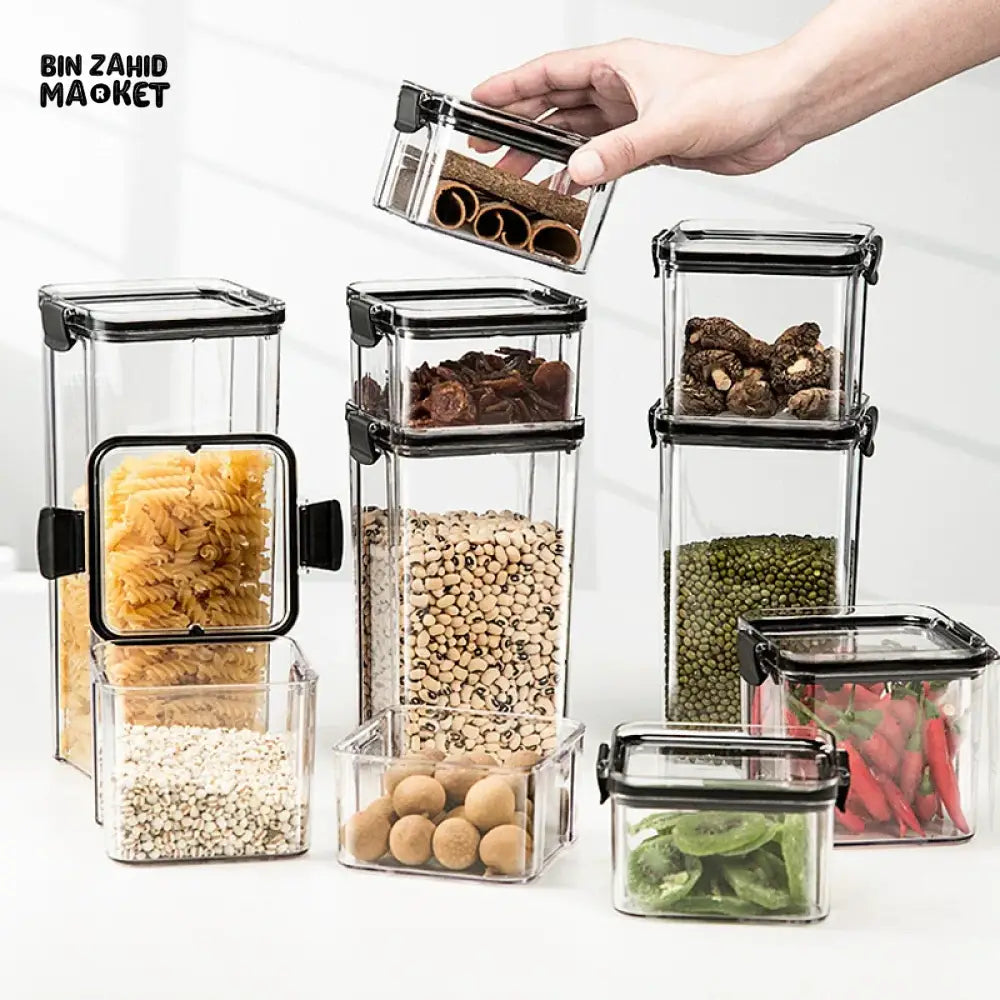 KITCHEN BUCKLE SEALED STORAGE JARS – TRANSPARENT FOOD GRADE PLASTIC CONTAINERS FOR SPICES MEDICINAL MATERIALS &