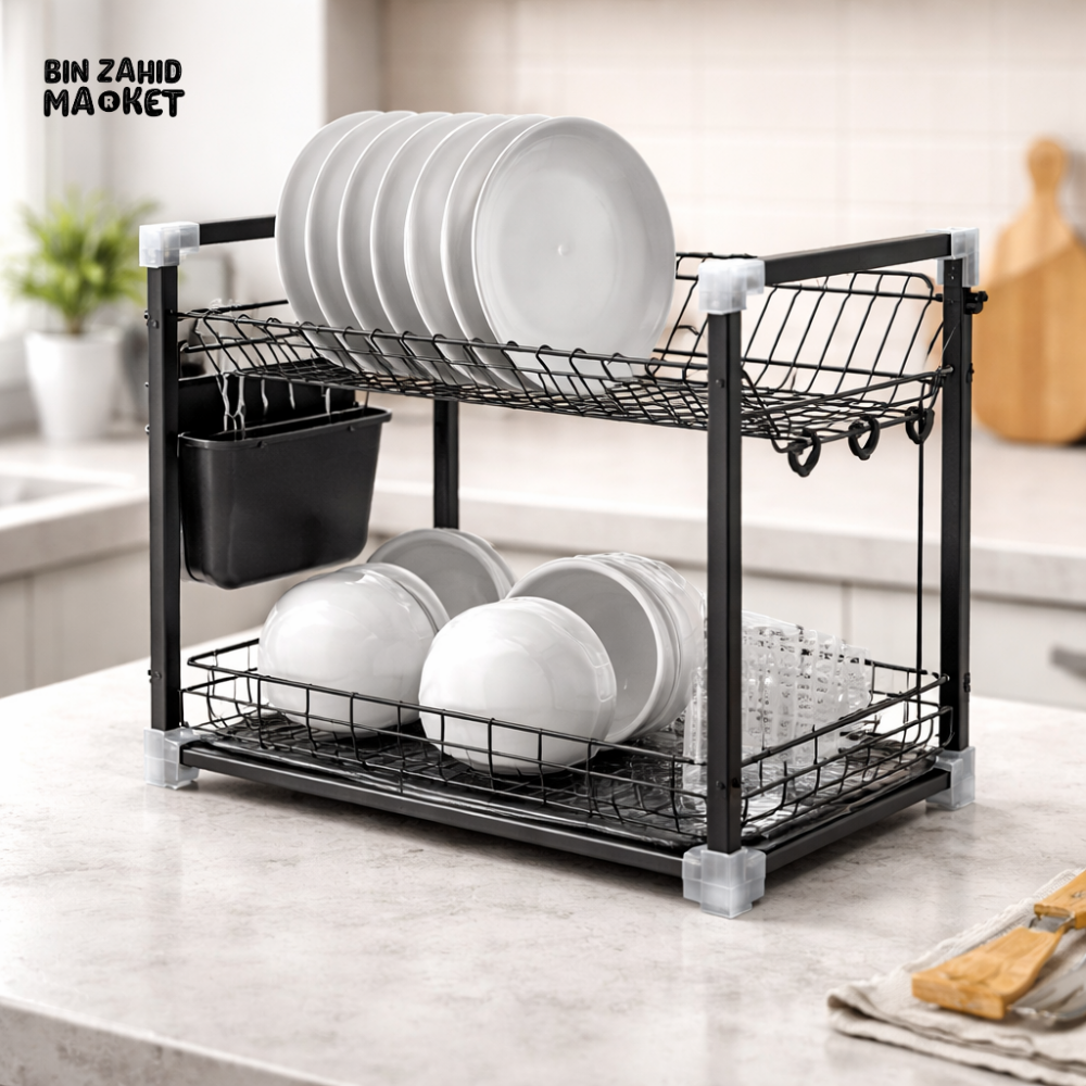 KITCHEN DISH DRYING METAL RACK WITH DRAIN TRAY - 2-TIER