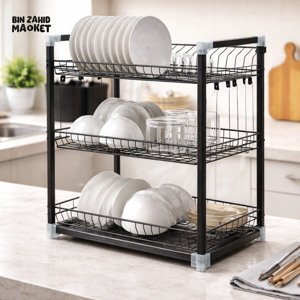 KITCHEN DISH DRYING METAL RACK WITH DRAIN TRAY - 3-TIER