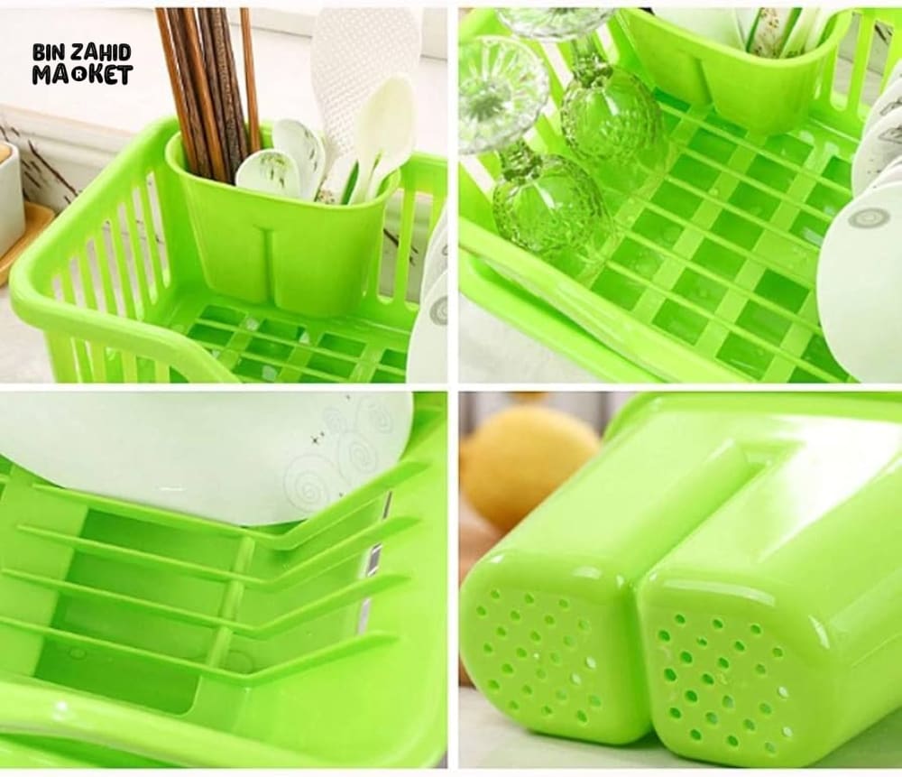 KITCHEN DISH DRYING RACK LARGE PLASTIC DRAINER WITH DRIP TRAY SPOONS & FORKS HOLDER