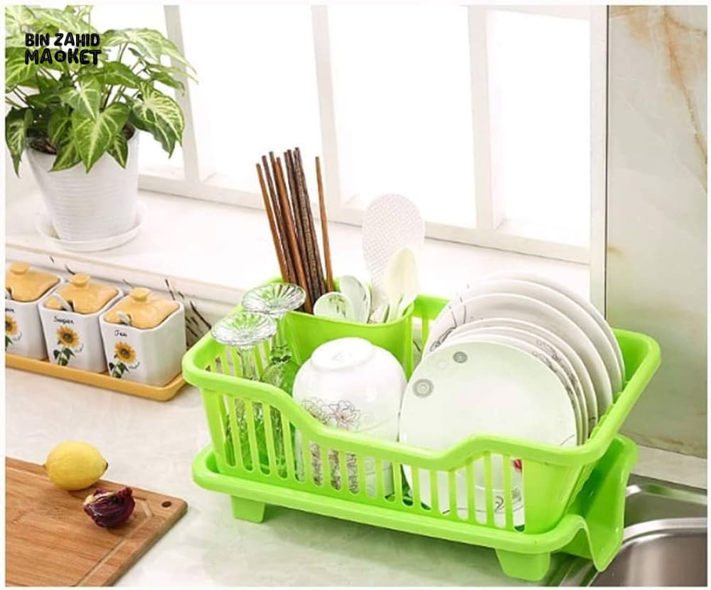 KITCHEN DISH DRYING RACK LARGE PLASTIC DRAINER WITH DRIP TRAY SPOONS & FORKS HOLDER