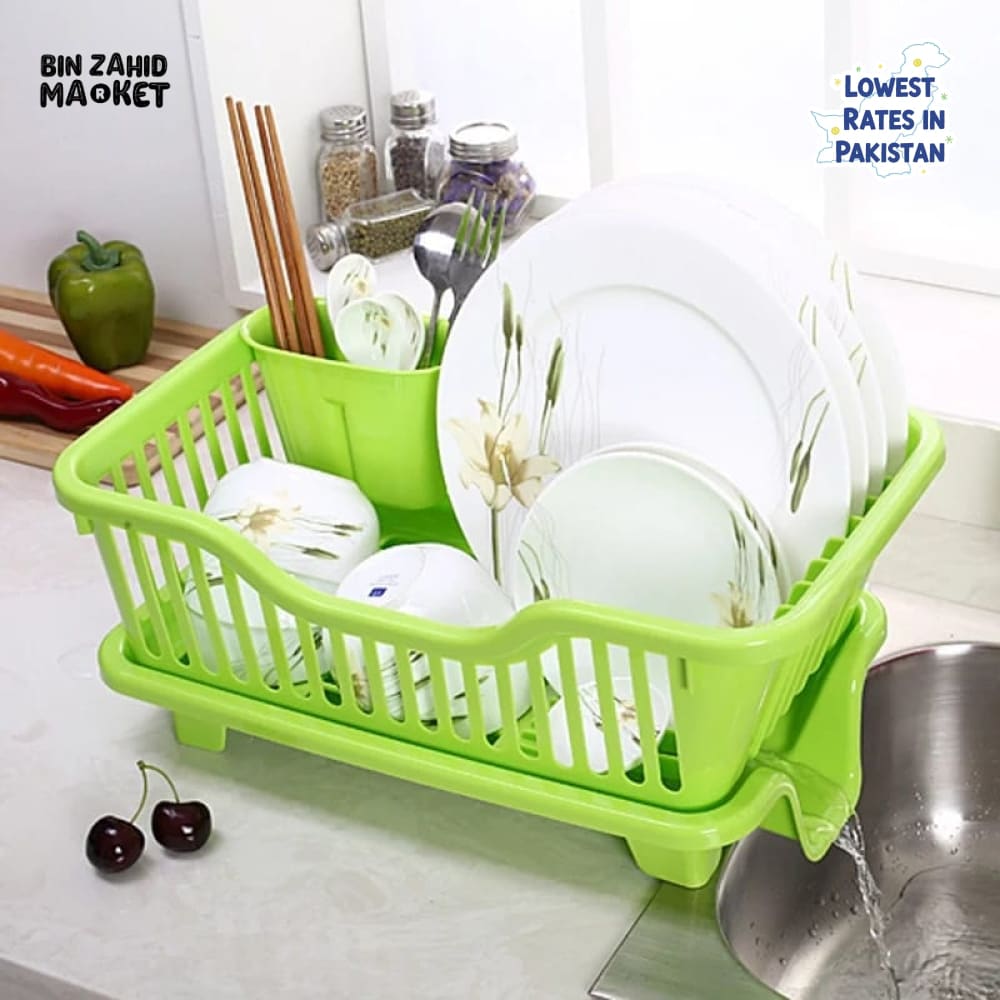 KITCHEN DISH DRYING RACK LARGE PLASTIC DRAINER WITH DRIP TRAY SPOONS & FORKS HOLDER