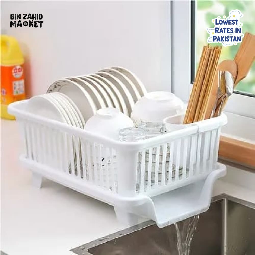 KITCHEN DISH DRYING RACK LARGE PLASTIC DRAINER WITH DRIP TRAY SPOONS & FORKS HOLDER