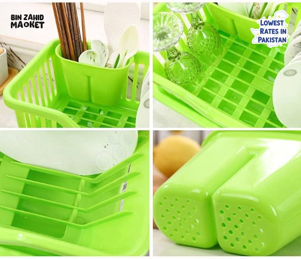 KITCHEN DISH DRYING RACK LARGE PLASTIC DRAINER WITH DRIP TRAY SPOONS & FORKS HOLDER