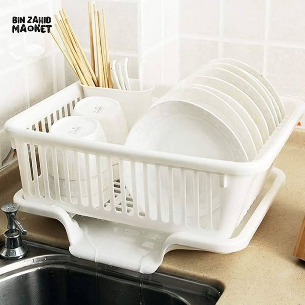 KITCHEN DISH DRYING RACK LARGE PLASTIC DRAINER WITH DRIP TRAY SPOONS & FORKS HOLDER