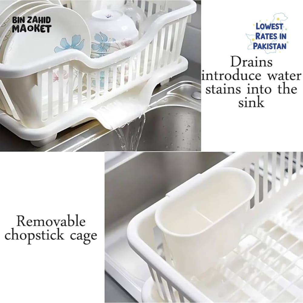 KITCHEN DISH DRYING RACK LARGE PLASTIC DRAINER WITH DRIP TRAY SPOONS & FORKS HOLDER